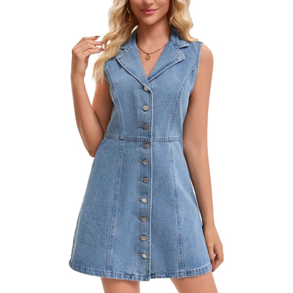 Women's Denim Mini Dress Sleeveless Button Down Summer Jean Dress Light Blue